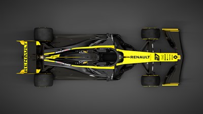 Renault Sport - Желтый автомобиль Формулы 1 на черном фоне